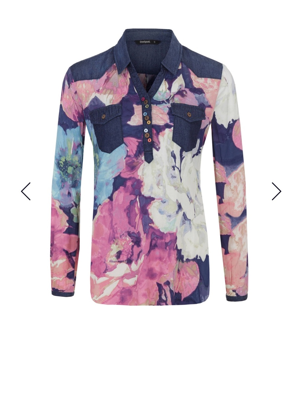 DESIGUAL Denim & Bold Floral Long Sleeved Blouse Top